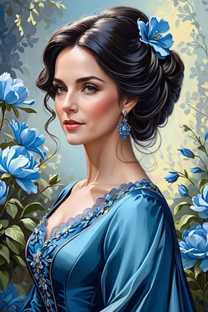 ((Global Illumination)), painting of a 50 year old woman (with dark hair), Blue Dress, Elegant Digital Painting, ^^, Victorian Lady, Fantasy Victorian Art, Stunning Digital Illustration, Elegant Digital Painting, Gorgeous Woman, Gorgeous Beauty Woman, Spring mood