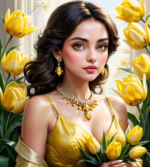Portrait of a woman in a yellow dress with a necklace and earrings, dark hair, highly detailed eyes, expressive lips, clutching to her chest ((bouquet of large yellow and white tulips: 1.25)), elegance digital art, Beautiful digital illustration, stunning digital illustration, elegant digital painting, gorgeous woman, gorgeous beautiful woman, spring mood, beautiful flowers, beautiful digital images, very beautiful woman, exquisite digital illustration, elegant yellow skin, beautiful yellow woman, beautiful flowers, beautiful illustrations, modern portrait of darna, beautiful woman,more detail XL