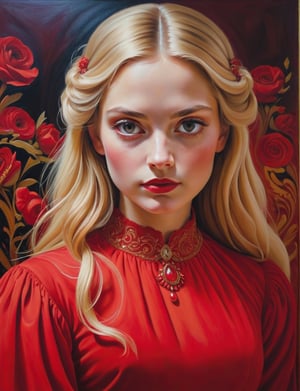 painting of a girl in a red dress, Slavic appearance, detailed face, beautiful eyes, black eyelashes, blonde hair, in a red dress, k, oil on canvas;, epic surrealism 8k oil painting, surreal oil painting, perfect, hand, fingers, style of Edward Munch, Leonardo