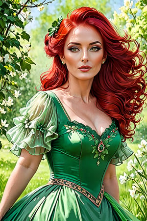 Painting of a 50 year old woman with red hair and a green dress., elegant digital painting, Victorian lady, fantasy Victorian art, stunning digital illustration, elegant digital painting, gorgeous woman, gorgeous beautiful woman, spring mood,