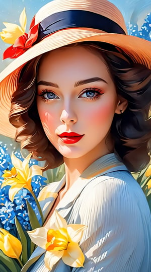 Painting of a woman in a light light hat with spring flowers, (red tulips, blue forget-me-nots, white and yellow daffodils), elegant digital painting, beautiful digital painting, beautiful portrait image, beautiful portrait oil painting, beautiful painting, beautiful woman's face, beautiful digital images , beautiful retro art, Beautiful character painting, Elegant woman, feminine beautiful face, Gorgeous digital painting, gorgeous gorgeous digital art, Very beautiful portrait, beautiful digital art