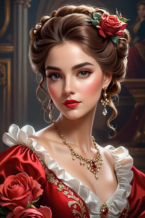 woman in red dress with rose in her hair, elegant digital painting, elegance digital art, baroque digital painting, elegant portrait, exquisite digital illustration, stunning digital illustration, fantasy style portrait, realistic 4k digital art, realistic 4k digital art, Beautiful digital illustration, bowwater style, beautiful portrait in fantasy style, digital painting of the Renaissance