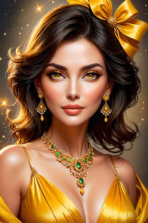 Portrait of a 50 year old woman, wearing a yellow dress with necklace and earrings, digital art of elegance, beautiful digital illustration, stunning digital illustration, elegant digital painting, gorgeous woman, gorgeous beautiful woman, beautiful digital images, Faye Valentine, very beautiful woman, exquisite digital illustration , elegant skin, beautiful woman, beautiful art illustration, portrait of modern darna, beautiful woman,Apoloniasxmasbox