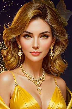 Portrait of a 50 year old woman, wearing a yellow dress with necklace and earrings, digital art of elegance, beautiful digital illustration, stunning digital illustration, elegant digital painting, gorgeous woman, gorgeous beautiful woman, beautiful digital images, Faye Valentine, very beautiful woman, exquisite digital illustration , elegant skin, beautiful woman, beautiful art illustration, portrait of modern darna, beautiful woman,Apoloniasxmasbox