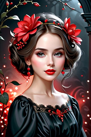woman with a red flower in her hair on the side of her head and wearing a black elegant fine silk dress, the background behind her is light to dark, beautiful gorgeous digital art, beautiful girl, painting beautiful, beautiful fantasy girl, beautiful fantasy portrait, beautiful digital art, beautiful fantasy portrait, red decorations, black and red colors, beautiful princess of dark spring, she is the queen of red roses, Very beautiful portrait