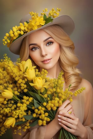 Arafed woman with blond beautiful hair and with a bouquet of yellow spring memosas, covered with flowers, beautiful woman with spring flowers, (beautiful clear hair), woman with mimosas, Holding a large bouquet with two hands, pressing to herself, Girl in flowers, female portrait with flowers, memosa spring flowers, wonderful spring mood, beautiful hair, Blossom