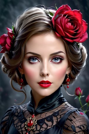 beautiful woman 50 years old, looking directly at the camera, a large red rose in her hair, wearing a black elegant thin silk long sleeve dress, the background behind her is light gray to dark black, beautiful gorgeous digital art, beautiful girl, beautiful painting, beautiful fantasy girl , beautiful fantasy portrait, beautiful digital art, beautiful fantasy portrait, red jewelry, black and red colors, beautiful dark spring princess, she is the queen of red roses, Very beautiful portrait