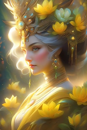close-up of a 50-year-old woman half torso, with a flower on one temple, looking at the camera, spring mood, beautiful digital art, beautiful great digital art, beautiful digital art, beautiful digital illustration, beautiful fantastic portrait, very beautiful digital art, beautiful digital painting, gorgeous digital painting, beautiful fantasy portrait, stunning digital art, stunning digital illustration, beautiful portrait image, stunning digital painting, stunning digital art