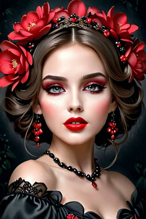 woman with red flowers in her hair and wearing a black elegant fine silk dress, beautiful gorgeous digital art, beautiful girl, painting beautiful, beautiful fantasy girl, beautiful fantasy portrait, beautiful digital art, beautiful fantasy portrait, red jewelry, black and red colors, beautiful princess of dark spring, she is the queen of red roses, Very beautiful portrait,Face makeup,more detail XL,perfecteyes