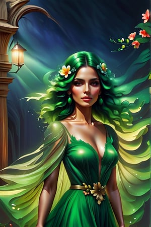 a woman with a flower in her hair and a green dress, elegant digital painting, exquisite digital illustration, glossy digital painting, digital art of an elegant, style in digital painting, realistic digital art 4 k, realistic digital art 4k, in style of digital painting, style digital painting, in style of digital illustration, digital painting style, beautiful art uhd 4 k