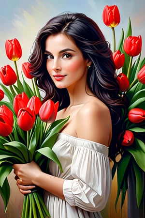 Oil painting, a woman with beautiful dark hair styled in her hair, with red tulips in her hair, with a bouquet of spring red tulips, a beautiful woman with spring flowers (beautiful dark hair), a woman with tulips holding a large bouquet with both hands, hugging her, Girl in flowers, woman portrait with flowers, spring flowers tulips, wonderful spring mood, beautiful hair, digital oil painting, amazing digital painting, realistic digital art 4k, realistic digital art 4k,oil paint 