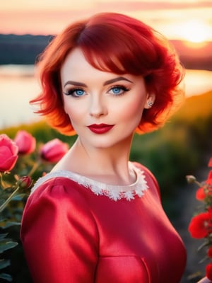 (Backlight), Oil portrait of a 35-year-old woman with large blue eyes, black eyelashes, red lips, short fluffy slightly reddish hair, forehead bangs, red dress with white trim, ((artist Emil Veron)): 20]/[ background: landscape behind with red flowers, fields in the distance, ((river with red-pink-yellow sunset reflection in the water)), (red-pink-yellow sunset), strong backlight, sun rays, golden hour, sunset light, Raphael style ], very colorful, ((oil painting)) ((masterpiece)) single frame, face with makeup, multi-colored ((oil painting))((masterpiece)) single frame, faces with makeup, colored,Face makeup