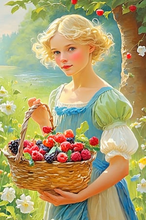 Delicately depicting the epitome of midsummer, this captivating image showcases the stunningly beautiful short-haired blonde girl in full view. In her left hand she holds a basket of berries, in her right hand a bouquet of flowers, Forest, flowers, green grass, trees. Delicate petals and bright flowers gracefully adorn her flowing locks, radiating the brightness of the season. The image, whether a masterfully painted canvas or a carefully composed photograph, captures every intricate detail with absolute precision. The artist's skillful brushstrokes or the photographer's keen eye for composition make this image a true work of art, 8kUHD.,perfecteyes,ink ,FieldSauce,Face makeup,artistic oil painting stick,oil paint 