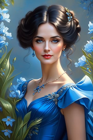 ((Rim Lighting)), painting of a 50 year old woman (with dark hair), Blue Dress, Elegant Digital Painting, ^^, Victorian Lady, Fantasy Victorian Art, Stunning Digital Illustration, Elegant Digital Painting, Gorgeous Woman, Gorgeous Beautiful Woman, Spring Mood,