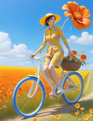 FieldSauce, flower, a woman on the (white bycicle), , yellow flower, big hat, short pant, solo, orange flower, blue flower, bicycle, walking, shoes, from side, field, red, blue
sky background, long sleeves, wide shot, red flower, ground vehicle, ink,