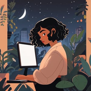 1girl, latin girl, black short bob cut curly  hair, graphic designer, profile, plants, computers, coat, night background,