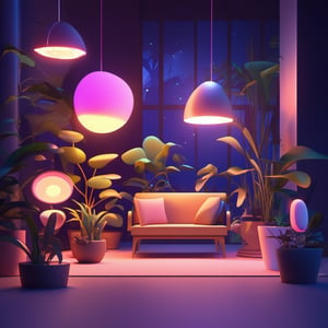 Virtual reality, 3d modeling and objects, lamps, lights,  plants,, night background, 2d, flat illustration