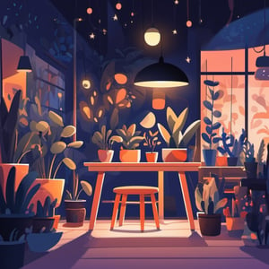 art room, paint, painting,  lamps, lights,  plants, night background, 2d, flat illustration