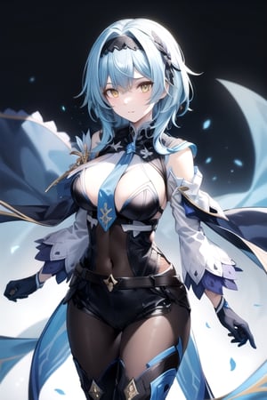 elegant woman with pale skin and violet-yellow eyes, short light blue hair that extends to her shoulders and the bangs reach her eyebrows, above the bangs a black headband and a hairpin on her left, a blue cape, a black leotard in the back cut out with white sleeves, belt under the breasts, blue tie, black gloves, thigh-high boots