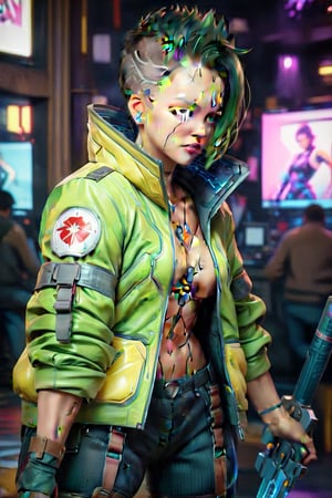 4k, 8k, high resolution, best quality, masterpiece: 1.3), ultra detailed, (realistic, photorealistic, photorealistic: 1.5), HDR, UHD, studio lighting, ultra-fine painting, sharp focus, physically based rendering, detailed description Extreme view, professional, bright colors. A woman wearing a jacket, short green hair, green eyes, chica empuñando espada cyberpunk, The image is a digital painting filled with intricate details, from the woman's flawless features capturing a perfect combination of beauty and innovation in this compelling cyberpunk portrait. attractive woman,figurine,cyberpunk style,swordup,glowing sword,high guard sword parry stance,incoming vertical sword attack,Kazuto Kirigaya