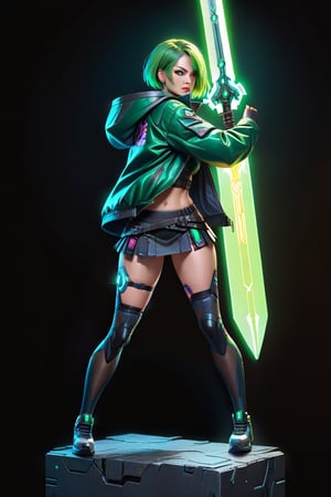 4k, 8k, high resolution, best quality, masterpiece: 1.3), ultra detailed, (realistic, photorealistic, photorealistic: 1.5), HDR, UHD, studio lighting, ultra-fine painting, sharp focus, physically based rendering, detailed description Extreme view, professional, bright colors. A woman wearing a jacket, short green hair, green eyes, big buttocks, girl wielding sword dark neon, whit her hands, short skirt cybepunk. The image is a digital painting filled with intricate details, from the woman's flawless features capturing a perfect combination of beauty and innovation in this compelling cyberpunk portrait. attractive woman,figurine,cyberpunk style,swordup,glowing sword,high guard sword parry stance,incoming vertical sword attack