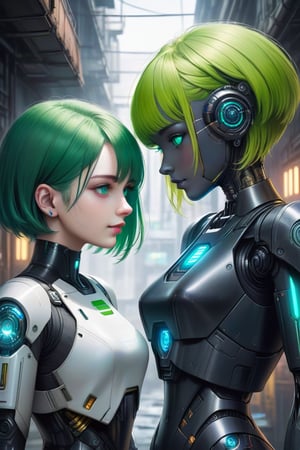  A beautiful human woman with green eyes, short green hair and a black robot with blue eyes greeting each other. where a Star Wars style android workshop, Cyberpunk androids.