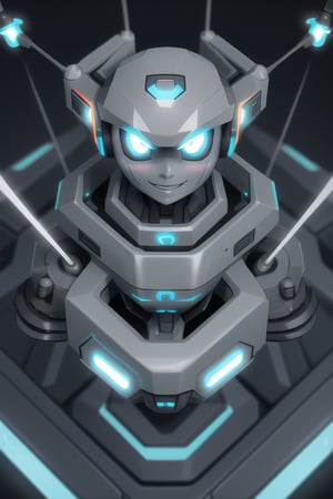 An advanced friendly face drone, designed to operate without propellers, using gravitational propulsion technology, friendly floating hexagonal shape. This drone is autonomous and Functionality and style, standing out for its casing inspired by cyberpunk and Tron, with a light gray finish. friendly and very observant