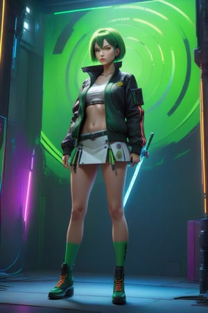 4k, 8k, high resolution, best quality, masterpiece: 1.3), ultra detailed, (realistic, photorealistic, photorealistic: 1.5), HDR, UHD, studio lighting, ultra-fine painting, sharp focus, physically based rendering, detailed description Extreme view, professional, bright colors. A woman wearing a jacket, short green hair, green eyes, big buttocks, girl wielding sword dark neon, whit her hands, short skirt cybepunk. The image is a digital painting filled with intricate details, from the woman's flawless features capturing a perfect combination of beauty and innovation in this compelling cyberpunk portrait. attractive woman,figurine,cyberpunk style,swordup,glowing sword,high guard sword parry stance,incoming vertical sword attack,Kazuto Kirigaya