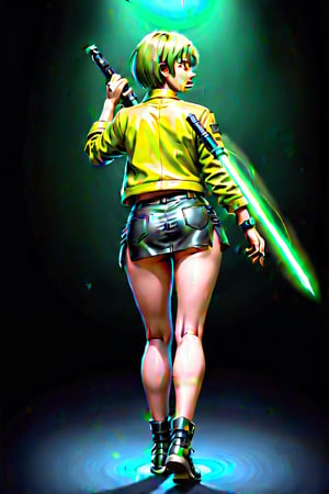 4k, 8k, high resolution, best quality, masterpiece: 1.3), ultra detailed, (realistic, photorealistic, photorealistic: 1.5), HDR, UHD, studio lighting, ultra-fine painting, sharp focus, physically based rendering, detailed description Extreme view, professional, bright colors. A woman wearing a jacket, short green hair, green eyes, big buttocks, girl wielding sword dark neon, whit her hands, short skirt cybepunk. The image is a digital painting filled with intricate details, from the woman's flawless features capturing a perfect combination of beauty and innovation in this compelling cyberpunk portrait. attractive woman,figurine,cyberpunk style,swordup,glowing sword,high guard sword parry stance