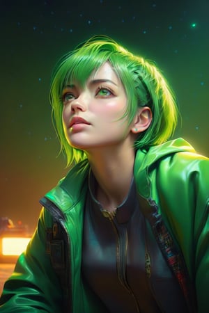 (4k, 8k, high resolution, best quality, masterpiece: 1.3), ultra detailed, (realistic, photorealistic, photorealistic: 1.5), HDR, UHD, studio lighting, ultra-fine painting, sharp focus, physically based rendering, detailed description Extreme view, professional, bright colors, A beautiful woman in a jacket, short green hair, green eyes, human, looking up at the stars in a desert at night. The image is a digital painting full of intricate, cYberpunk details.