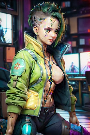 4k, 8k, high resolution, best quality, masterpiece: 1.3), ultra detailed, (realistic, photorealistic, photorealistic: 1.5), HDR, UHD, studio lighting, ultra-fine painting, sharp focus, physically based rendering, detailed description Extreme view, professional, bright colors. A woman wearing a jacket, short green hair, green eyes, chica empuñando espada cyberpunk, The image is a digital painting filled with intricate details, from the woman's flawless features capturing a perfect combination of beauty and innovation in this compelling cyberpunk portrait. attractive woman,figurine,cyberpunk style,swordup,glowing sword,high guard sword parry stance,incoming vertical sword attack,Kazuto Kirigaya