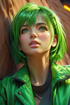 (4k, 8k, high resolution, best quality, masterpiece: 1.3), ultra detailed, (realistic, photorealistic, photorealistic: 1.5), HDR, UHD, studio lighting, ultra-fine painting, sharp focus, physically based rendering, detailed description Extreme view, professional, bright colors, A beautiful woman in a jacket, short green hair, green eyes, human, looking up at the stars in a desert at night. The image is a digital painting full of intricate, cYberpunk details.