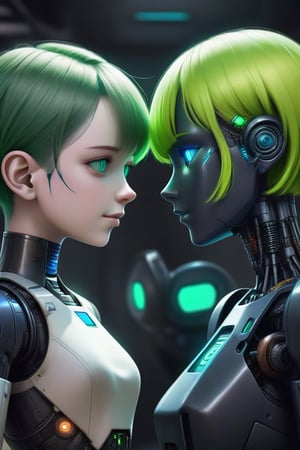  A beautiful human woman with green eyes, short green hair and a black robot with blue eyes greeting each other. where a Star Wars style android workshop, Cyberpunk androids.