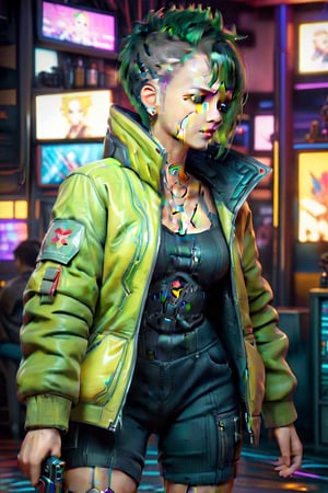 4k, 8k, high resolution, best quality, masterpiece: 1.3), ultra detailed, (realistic, photorealistic, photorealistic: 1.5), HDR, UHD, studio lighting, ultra-fine painting, sharp focus, physically based rendering, detailed description Extreme view, professional, bright colors. A woman wearing a jacket, short green hair, green eyes, girl singing rock in cyberpunk bar karaoke, The image is a digital painting filled with intricate details, from the woman's flawless features capturing a perfect combination of beauty and innovation in this compelling cyberpunk portrait. attractive woman,figurine,cyberpunk style,swordup,glowing sword,high guard sword parry stance,incoming vertical sword attack,Kazuto Kirigaya