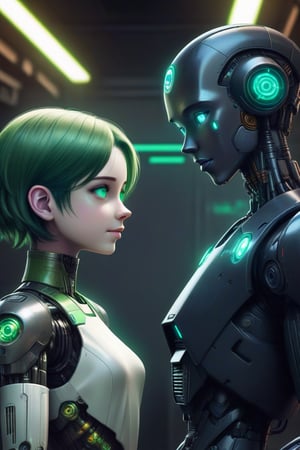  A beautiful human woman with green eyes, short green hair and a black robot MALE with blue eyes greeting each other. where a Star Wars style android workshop, Cyberpunk androids.