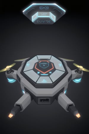 An advanced drone designed to operate without propellers, using gravitational propulsion technology, friendly floating hexagonal shape. This drone is autonomous and features an interactive interface that shows your moods. Functionality and style, standing out for its casing inspired by cyberpunk and Tron, with a light gray finish. friendly and very observant