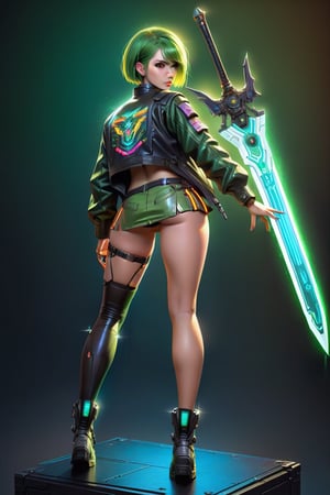 4k, 8k, high resolution, best quality, masterpiece: 1.3), ultra detailed, (realistic, photorealistic, photorealistic: 1.5), HDR, UHD, studio lighting, ultra-fine painting, sharp focus, physically based rendering, detailed description Extreme view, professional, bright colors. A woman wearing a jacket, short green hair, green eyes, big buttocks, girl wielding sword dark neon, whit her hands, short skirt cybepunk. The image is a digital painting filled with intricate details, from the woman's flawless features capturing a perfect combination of beauty and innovation in this compelling cyberpunk portrait. attractive woman,figurine,cyberpunk style,swordup,glowing sword,high guard sword parry stance,incoming vertical sword attack