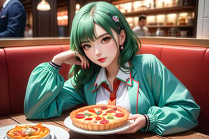 (4k, 8k, high resolution, best quality, masterpiece: 1.3), ultra detailed, (realistic, photorealistic, photorealistic: 1.5), HDR, UHD, studio lighting, ultra-fine painting, sharp focus, physically based rendering, detailed description Extreme view, professional, bright colors, A beautiful woman in a jacket, short green hair, green eyes, eating pizza in a workshop.  The image is a digital painting filled with intricate details, from the woman's flawless features capturing a perfect combination of beauty and innovation in this compelling cyberpunk portrait. attractive woman