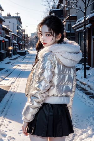 In a soft, diffused light, a Korean girl, Woman 1, stands in front of a snowy street, her features illuminated with a warm glow. Her pale skin and big smile radiate elegance as she poses in a knee-length skirt, black long hair cascading down her back. Her brown eyes sparkle with shyness behind delicate, beautiful eyelashes. A necklace and small earrings adorn her neck, while a handbag hangs at her side. A winter down parka and scarf keep her warm against the cold winter backdrop, where footprints lead into the distance.