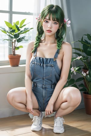 ,(realistic, photorealistic), 1girl,(green hair, twin braids), white bikini, (bare arms),((gigantic breasts)), (overalls, denim shorts), full body, thighs, squatting, spread legs, sneakers,(cowboy shot),(masterpiece, high quality, best quality), (colorful),(delicate eyes and face), volumatic light, ray tracing, extremely detailed CG unity 8k wallpaper,solo, ((flying petal)), indoors, living room, window, curtain, lamp, sunshine, scenery, (potted plants, flowers)
