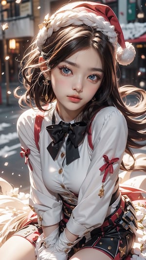 "Cute girl Santa Claus, (accurate anatomy body and hands: 1.2), beautiful face, detailed face, red shoes, illustration, super detailed, high quality (best quality, 4K, 8K, high resolution, Masterpiece: 1.2), Photography of people, Bright colors, Warm tones, Realism (Photorealistic: 1.37), Festival atmosphere, Jingle bells, Snow, Cozy winter scene, Joyful expression, Playful Attitude, winter wonderland, soft lighting, dreamy atmosphere",1girl star \(symbol\),bow bowtie clothing cutout puffy sleeves white shirt gloves cat tail black dress black skirt black pantyhose
