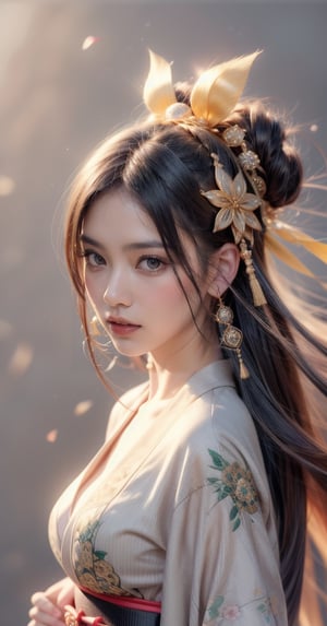 1girl, solo, long hair, looking at viewer, bangs, black hair, hair ornament, closed mouth, upper body, japanese clothes, hair flower, kimono, grey background, black eyes, lips, sash, realistic, ,Sexy Pose