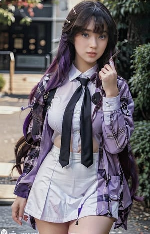 (masterpiece, top quality, best quality, official art, beautiful and aesthetic:1.2), 1girl, long purple hair, clear purple eyes, wearing sexy schoolgirl uniform, seducing the viewer, finger detailed, school yard, background detailed, extreme detailed, highest detail,KAMISATOAYAKADEF,akinanakamori