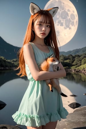 The (girl with fox ears) in a ((green frilly dress) with (red ribbons)), she carries a ((small fox)) in her arms, her (long orange hair) flowing in the wind, standing on transluscent (blue rocks), the (small fox) is sleeping, silvery water pond, under the starry night sky, dark blue mountains far away, big moon, (crescent moon) , beautiful, lavish, ephemeral, dull body portrait, fantasy, ultrarealism, , ultra-detail, (highres:1.1), best quality, (masterpiece:1.3), beautiful, hires, absurdres
