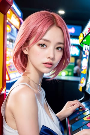 sailor moon with pink hair at the arcade, stunning anime art 8k