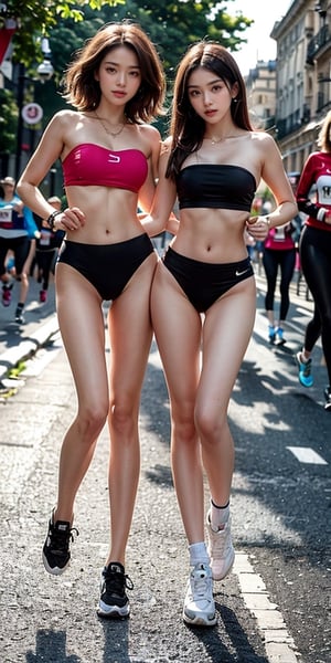 Best Quality, (2 girls, jogging, full body:1.6), Masterpiece, Beauty and Aesthetics, 16K, (HDR: 1.4), High Contrast, Bokeh: 1.2, Lens Flare, (Vivid Colors: 1.4), (# (Soft Colors, Dull Colors, Soothing tone: 0), film lighting, ambient light, side light, fine details and textures, cinematic lens, warm tones, (bright and intense: 1.2), wide angle lens, hyperrealistic illustration, Siena natural proportions, (Details of the French World Cup Marathon Jogging theme of 10,000 people: 1.2), (Nude model’s slender and ultra-slim figure: 1.4), dark brown and black charming hair, (Full body photo: 1.5), ((sheer sexy sports panties, cameltoe:1.5)), (Eye-catching appearance: 1), (Beautiful Greek-Korean mixed-race girl, smiling happily, fair skin, attractive eye shadow, big breasts, beautiful and outstanding YSL necklace, beautiful 18-year-old girl attending in Paris Thousands of people jogging in the marathon, crowds, carnival, happily running hard on the marathon track, covered in sweat. Smile, dimples, temperament, irresistible charm, White sneakers, NSFW,strapless
