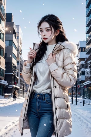 Cute girl with long hair and a stunning pink winter coat stands in the midst of a snowy cityscape, her jeans-clad legs and boots perfectly framed against the cloudy sky. As snowflakes gently fall around her, she gazes up at the heavens with a serene expression, her porcelain-like skin radiant in 4K RAW quality. Medium shot, captured at 50mm, showcases her half-body pose amidst the urban winter wonderland, exuding high-fashion elegance and timeless beauty.