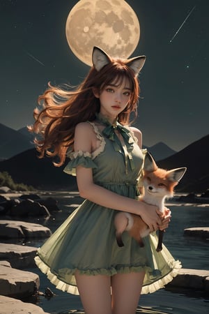The (girl with fox ears) in a ((green frilly dress) with (red ribbons)), she carries a ((small fox)) in her arms, her (long orange hair) flowing in the wind, standing on transluscent (blue rocks), the (small fox) is sleeping, silvery water pond, under the starry night sky, dark blue mountains far away, big moon, (crescent moon) , beautiful, lavish, ephemeral, dull body portrait, fantasy, ultrarealism, , ultra-detail, (highres:1.1), best quality, (masterpiece:1.3), beautiful, hires, absurdres
