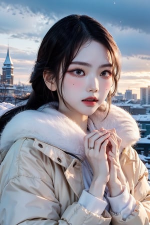 Cute girl with long hair and fashion coat, donning a stunning pink winter coat, stands confidently in the midst of a winter cityscape. Snowflakes gently fall around her as she gazes upwards at the cloudy sky. Captured in 4K ultra HD RAW photo quality, this masterpiece exudes realistic beauty. Her porcelain-white skin glows with a soft light. Shot from a medium distance using a 50mm lens, this half-body portrait showcases her elegance and poise. Chinatsumura's high-fashion aesthetic is on full display.