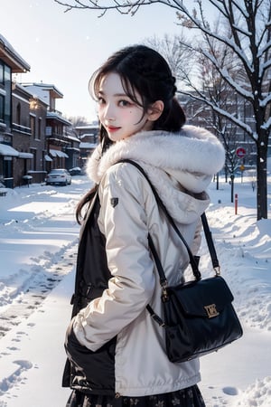A serene wintery scene unfolds as Woman 1, a Korean beauty with big smile and beautiful eyes, stands on a snowy street. Her long black hair cascades down her pale skin, framing her delicate features. A soft expression radiates from behind her bangs. She wears a winter down parka, scarf, and skirt, with a necklace and small earrings adding subtle sparkle. Handbag in hand, she steps into the frame, leaving footprints on the snow-covered ground. The 8K art photo captures her elegance, shyness, and dreamy essence in a realistic concept artwork.